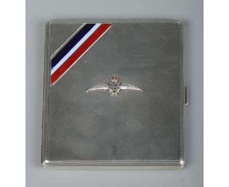 A George V silver RAF cigarette case. Having engine turned engraving, insignia to front and enamelled ribbon to one corner. I
