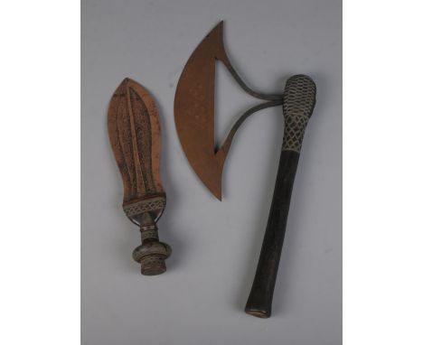 Two bladed tribal weapons to include axe featuring engraving to blade and a short knife.  