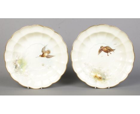James Stinton for Royal Worcester, two porcelain dessert bowls with hand painted scenes depicting birds in flight. Having gil