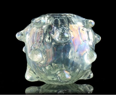 Mina " A Mugnoni" vase in transparent iridescent glass, spherical body with wire circular mouth Produced in Murano, 1938 ca B