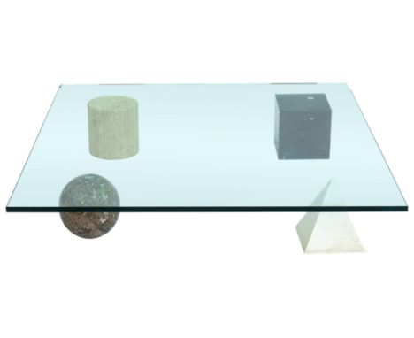 Metafora #1 coffee table in marble and glass Produced by Casigliani, Italy, 1980s Ground glass top and four elements of Eucli