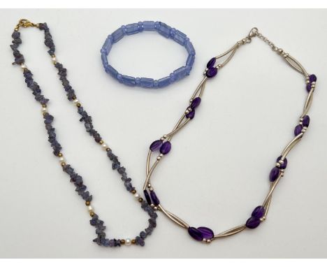 3 items of semi-precious stone jewellery. A silver and amethyst bead modern design necklace with lobster claw clasp, a pearl 