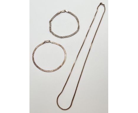 An 18" vintage silver rectangular tight box chain necklace with spring clasp. Together with a silver herringbone style chain 
