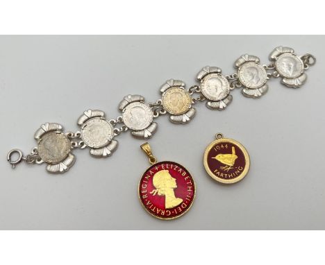 A silver and white metal vintage bracelet made from George V and VI 3 pence coins. Together with fully enameled Elizabeth II 