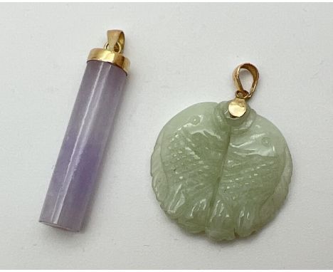 2 jade pendants with 14ct gold fixings and bales. A cylindrical lavender jade pendant with cap fixing and a circular carved l
