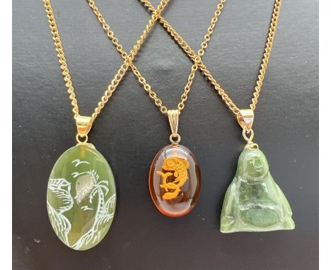 3 semi-precious stone costume jewellery pendant necklaces. An oval green jade pendant with carved oriental rural scene, a car