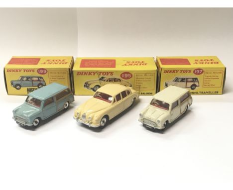 Three boxed Corgi Toys diecast cars, Austin Seven Countryman no. 199, Jaguar 3.4 Saloon no. 195 and Morris Mini Traveller no.