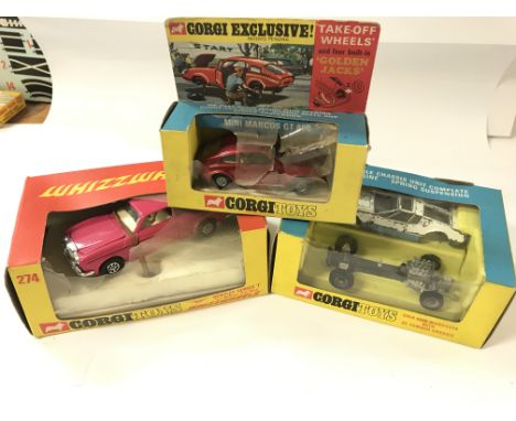 A Corgi Bently series 't' #274 @ corgi Ghia 5000 Mangusta with de tomato chassis #271 and a Corgi mini Marcos Gt 850 all boxe