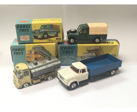 Three boxed Corgi toys including Land Rover 438, Dodge Kew Fargo Tipper 483 and Neville Cement Tipper Body on ERF Chassis 460