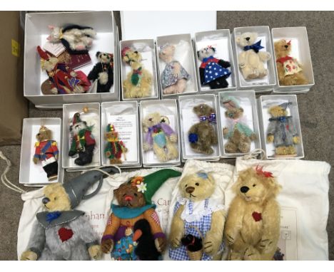 A collection of Deb Canham bears including Wizard of Oz collection, Eggy, Shirley Shilling, Dixon, Patti Panda, Patta Cake, A