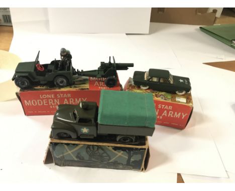 A collection of 2 lone star Army vehicles and a tekno Army truck.(3)