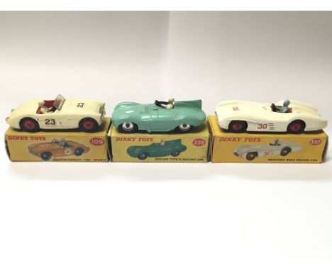 Three boxed Corgi diecast toy cars, Austin Healey 100 no. 109, Jaguar Type D Racing Car no. 238 and a Mercedes Benz Racing Ca