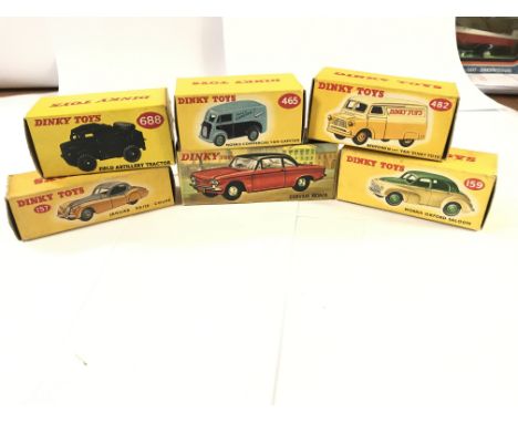 A collection of 6 Dinky cars(6) boxed #157 Jaguar Xk120 Coupe, #159 Morris Oxford Saloon, #482 a Bedford10 cwt Van, #688 Fiel