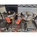 Lot of (2) stainless steel round chafing dishes with brass accents