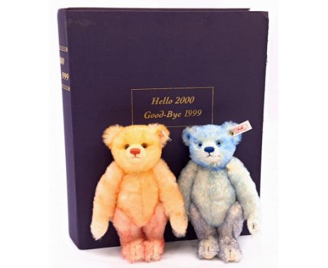 Steiff Hello 2000 Goodbye 1999 Teddy Bear set, white tag 670367, two mohair teddy bears, 8.75"/22cm, Good Plus, within Fair P