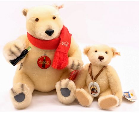 Steiff pair including: (1) Coca-Cola Polar Bear, white tag 670336, mohair, swing label certificate, 13.75"/35cm; (2) 150 Anni