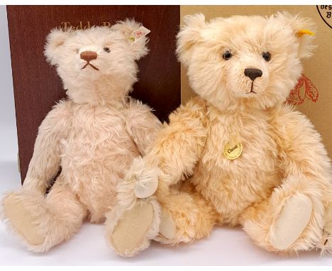 Steiff pair of teddy bears, including: (1) Steiff Classic teddy bear, yellow tag 005022, chest tag, swing label (detached), G