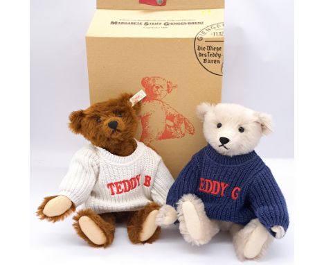 Steiff pair of teddy bears: (1) Teddy G, white tag 670282, white mohair, Good (mohair shedding), with swing label certificate