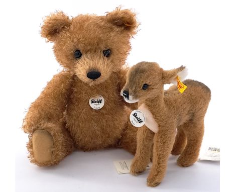 Steiff Tommy Classic teddy bear, yellow tag 026812, mohair, with chest tag, swing labels, 15"/38cm; plus Steiff Raya fawn, ye