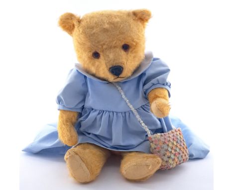 Chiltern vintage Hugmee teddy bear; plastic eyes, plastic dog nose, mohair, worn pads (likely previously Rexine), Fair Plus, 