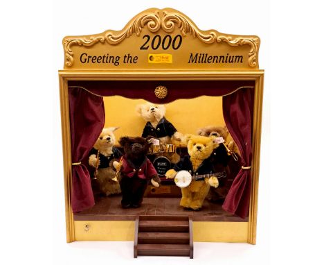 Steiff Millennium Band 2000, white tag 038808, LE 2000, comprising five mohair Teddy Bears and a stage made of wood with velv