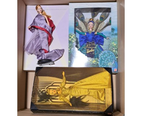 Trio of Mattel boxed Barbie dolls, including: (1) Vera Wang #23027, (2) The Peacock Barbie #19365, and (3) Golden Hollywood #