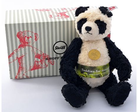 Steiff Bears for Tomorrow Evander panda, white tag 007095, soy bamboo viscose, with swing labels (edge wear/creased) and cert
