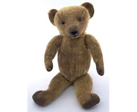 Merrythought vintage teddy bear; black and amber glass eye, with button eye, horizontally stitched nose, fully jointed, Merry