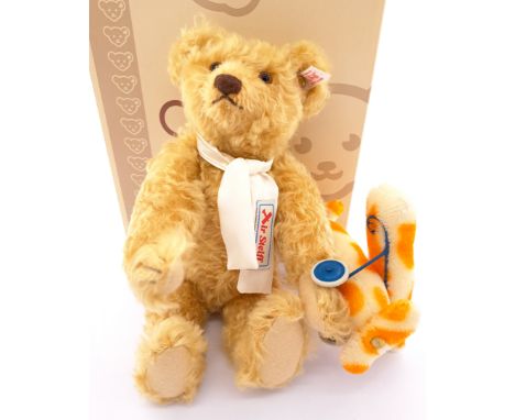 Steiff Bear with Rackerplan, white tag 038167, LE 2007, mohair, carrying a Goldfish Plane, made from mohair with airbrushed s