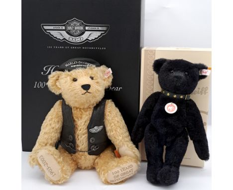 Steiff pair of teddy bears, including: (1) Steiff Harley-Davidson 100th Anniversary Bear, white tag 666476, swing label, cert