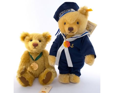 Steiff pair of teddy bears, including: (1) Steiff teddy bear Sailor, 1997-1999, yellow tag 028519, mohair, chest tag, swing l