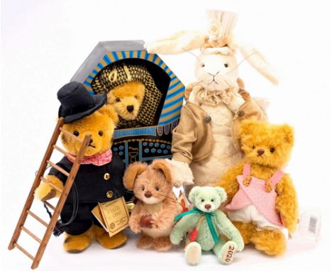 German teddy bears and others including: (1) Hermann-Spielwaren Tut-anch-Amun, LE 105/1000, mohair, within wooden sarcophagus