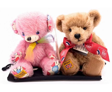 Merrythought pair including: (1) Cheeky Bear pink balloon, LE 24/50, mohair, swing label certificate, drawstring bag, 10"/26c