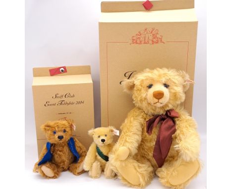 Steiff trio of teddy bears, including: (1) Steiff Club Event Bear 2004, white tag 420443, with certificate, Good (mohair shed