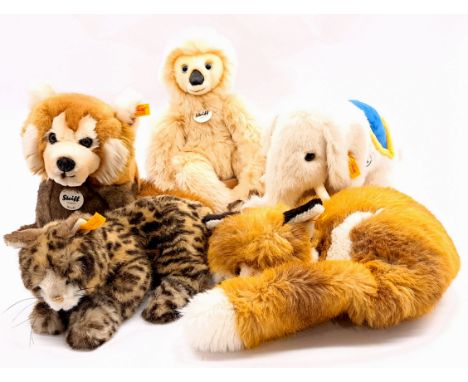 Steiff plush group including: (1) Red Panda, yellow tag 066108, swing labels, 23"/59cm (from nose to end of tail); (2) Sleepi