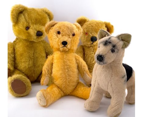 Vintage teddy bear group including Merrythought German Shepherd and Chad Valley; mix of mohair and plush, Good to Good Plus, 