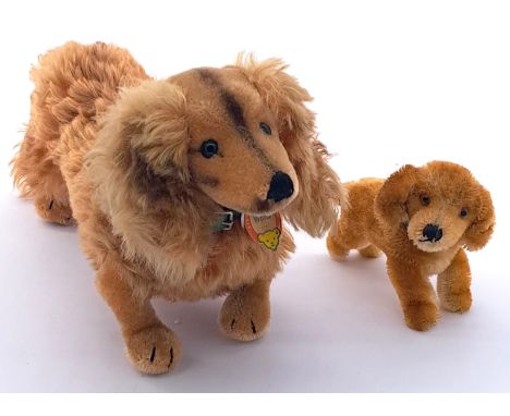 Steiff pair of vintage dachshunds, including: (1) Bazi Dachshund, no paper tag, fabric tag frayed, button present, Good Plus,
