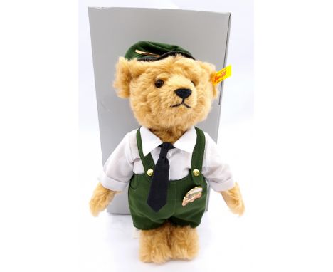 Steiff Always Bill the Flying Scotsman teddy bear, yellow tag 664694, mohair, takes his name from William (Bill) Sparshatt, t