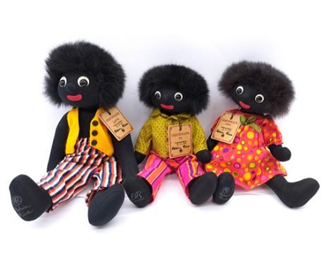 Brigitte Rive (New Zealand) three artist designed gollies, cotton stockinette, fully jointed, black plastic eyes, seated on w