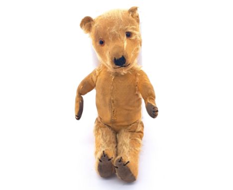 Chiltern Hugmee vintage teddy bear; black and amber glass eyes, black hook nose, black claw stitching, 80% mohair loss, stuff
