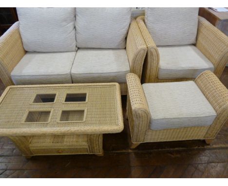 Natural woven cane conservatory suite of sofa, armchair, storage stool, coffee table 