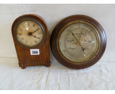 Oak mantel clock and oak aneroid barometer (2) 