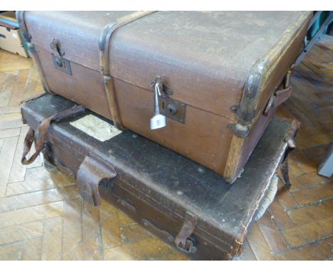 Banded cabin trunk and large leather trunk (2) 