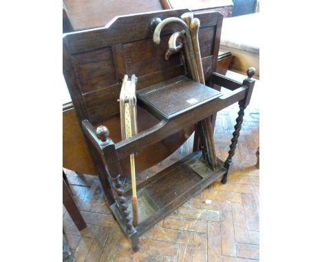 1940's Oak barley twist stick stand and contents 