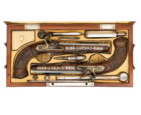 A CASED PAIR OF FLINTLOCK OFFICER'S PISTOLS, EARLY 19TH CENTURY, WITH 20TH CENTURY DECORATION, SIGNED KONIGL GEWEHRFABRIK POT