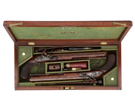 ˜A FINE CASED PAIR OF 24-BORE FLINTLOCK DUELLING PISTOLS BY JOHN MANTON, LONDON, NO. 3259 FOR 1799 with heavy rebrowned twist