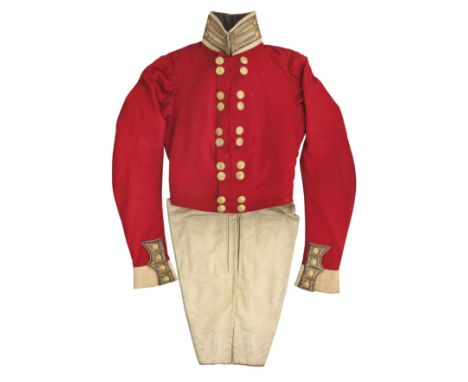 A VICTORIAN OFFICER'S UNIFORM OF THE MADRAS ARMY A double-breasted scarlet coatee with buff facings. Gold lace loops to the c