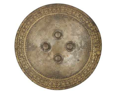 AN INDO-PERSIAN SHIELD (DHAL), MID-19TH CENTURY  of shallow convex form, fitted with four domed bosses corresponding to enarm