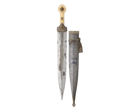 ˜A FINE CAUCASIAN SILVER-MOUNTED DAGGER (KINDJAL), GEORGIA, TIBLISI ASSAY MARKS, DATED 1870 with broad double-edged blade for