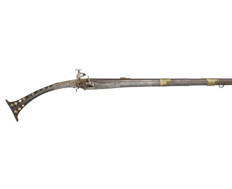 A 14 BORE ALBANIAN MIQUELET-LOCK MUSKET, SECOND QUARTER OF THE 19TH CENTURY  with long tapering sighted barrel retained by fo